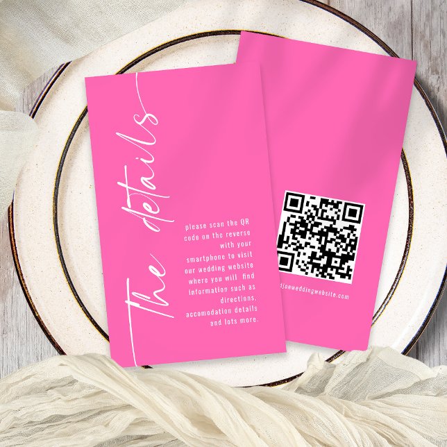 Kalligrafie QR Code Hot Pink Wedding Details Begleitkarte (Front and back view)