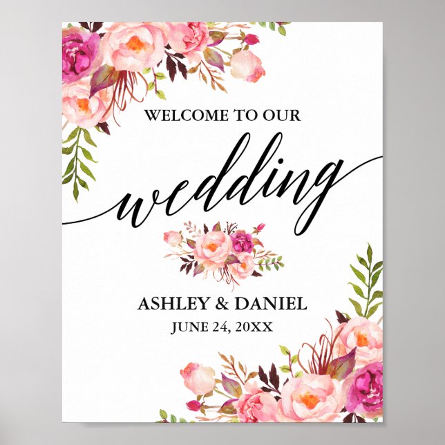 Kalligrafie Rosa Blush Bloral Hochzeit Begrüßung Poster (Vorne)