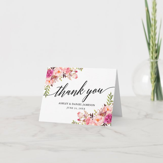 Kalligrafie Rosa Blush Bloral Wedding Note Dankeskarte (Vorderseite)