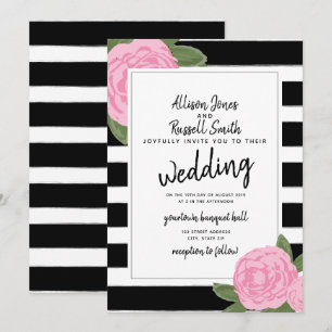 Kalligrafie Rosa Rose Schwarz + Weiße Stripe Hochz Einladung