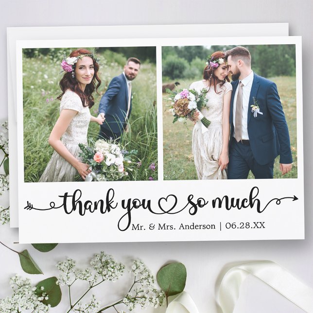 Kalligrafie Schrift Herz 2 Foto Hochzeit Dankeskarte (Customize to change your personalized text size or text style.)