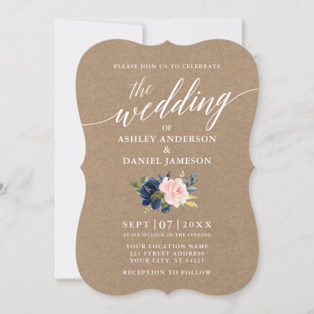 Kalligrafie Script Blue Pink Floral Wedding Kraft Einladung (Vorderseite)