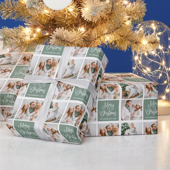 Kalligrafie Script Christmas 3 Foto Sage Green Geschenkpapier (Feiertage)