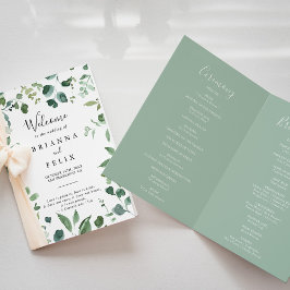 Kalligrafie Script Green Foliage Folded Wedding Programm