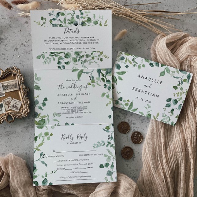 Kalligrafie Script Green Foliage Wedding Dreifach Gefaltete Einladung (Von Creator hochgeladen)