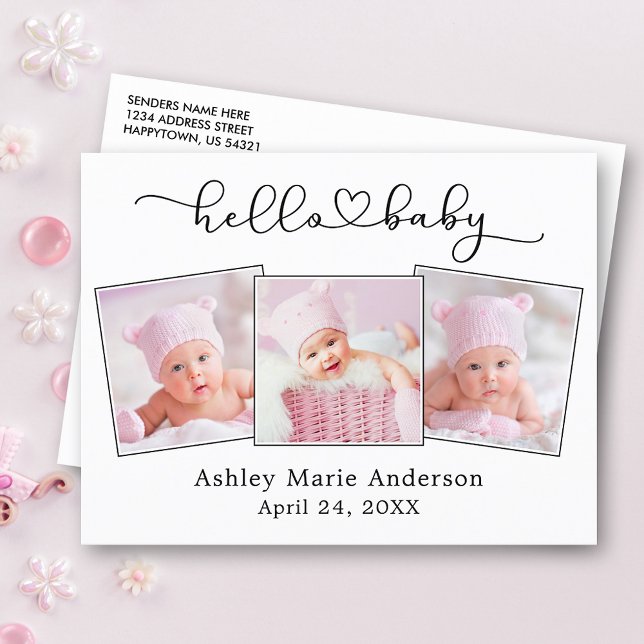 Kalligrafie Script Heart 3 Foto Hello Baby Postkarte (Customize to change your personalized text size or text style.)