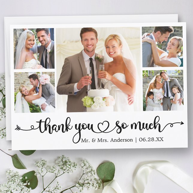 Kalligrafie Script Heart 5 Foto Wedding Dankeskarte (Customize to change your personalized text size or text style.)