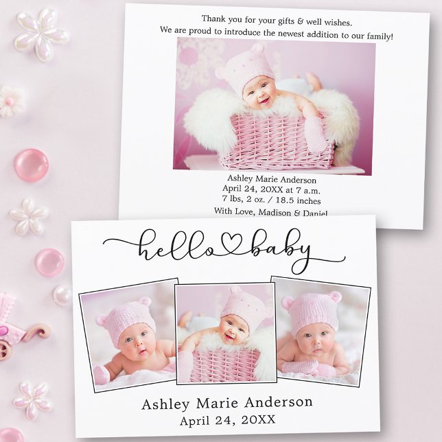 Kalligrafie Script Herz 4 Fotos Hello Baby Ankündigung (Customize to change your personalized text size or text style.)