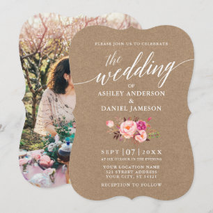 Kalligrafie Script Pink Floral Wedding Kraft Foto Einladung