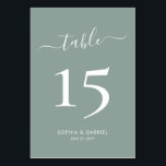 Kalligrafie Script Sage Green Double Sided Wedding Tischnummer<br><div class="desc">Elegante Kalligrafie Script Sage Green Wedding Tischnummern Doppelseitig mit benutzerdefinierten personalisiert. Helfen Sie Ihren Gästen mit diesen schlichten,  doppelseitigen Tischnummer-Karten,  den Sie ganz einfach finden können. Einfaches Hinzufügen von Zahlen,  Namen und Datum! Enthält ein hübsches Schriftskript für die Kalligrafie "Table". Ideal für minimalistische,  elegante und moderne Hochzeiten.</div>