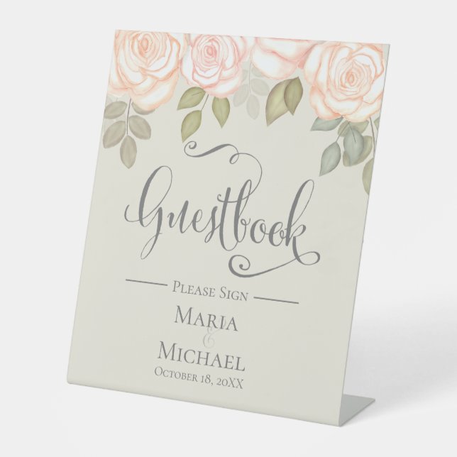 Kalligrafie Script Sage Green Floral Guestbook Sockelschild (Vorderseite)