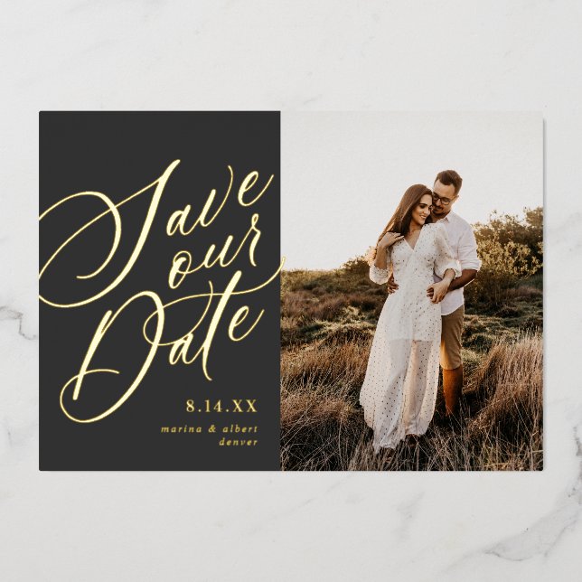 Kalligrafie Script Save the Date Foto Gold Foil I Folieneinladung (Vorderseite)