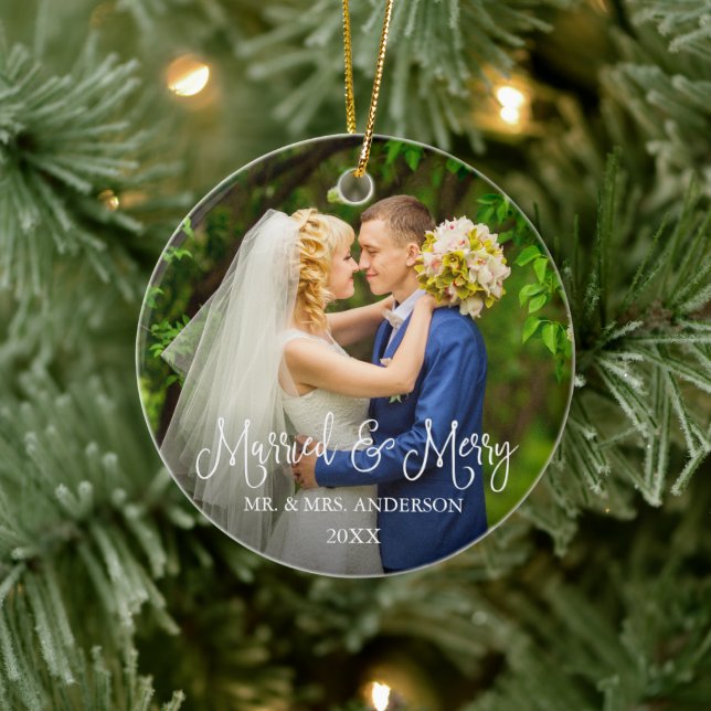 Kalligrafie Script Wedding Foto Verheiratet und Me Keramik Ornament (Baum)