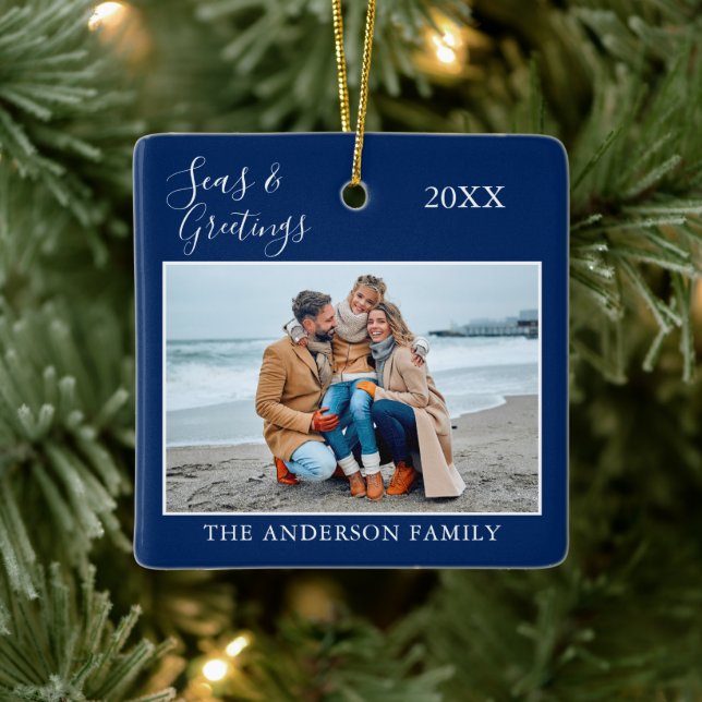 Kalligrafie Seen und Grüße Foto Navy Blue Keramikornament (Baum)
