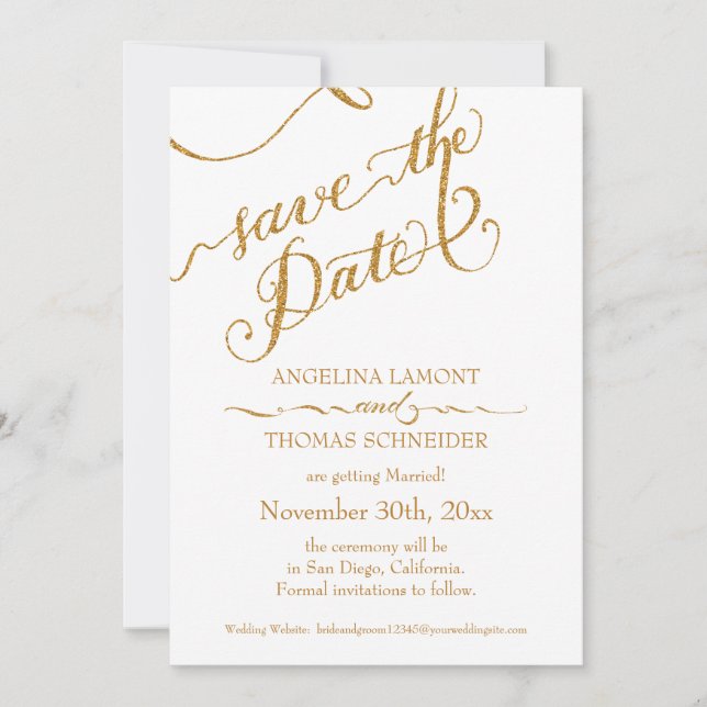 Kalligrafie-Skript für immer in Liebe Gold Glitzer Save The Date (Vorderseite)