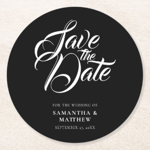 Kalligrafie-Skript Save The Date Einladung Runder Pappuntersetzer