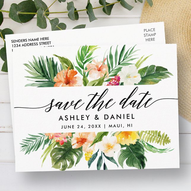 Kalligrafie Tropenkoralle Save the Date Postkarte (Customize to change your personalized text size or text style.)