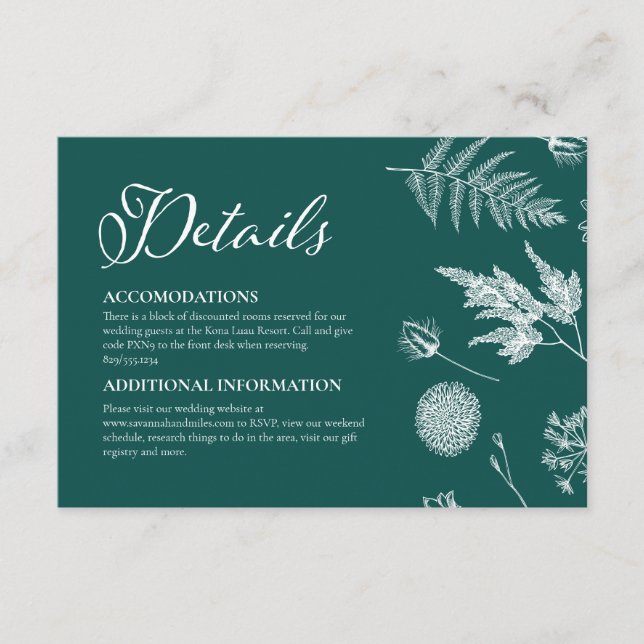 Kalligrafie und Aquamarine Blumenhochzeit Begleitkarte (Vorderseite)