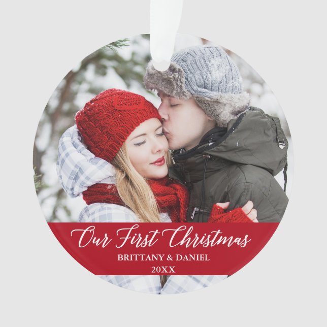 Kalligrafie Unser erstes Weihnachtslied Foto Red Ornament (Vorderseite)