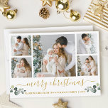 Kalligrafie Watercolor Eucalyptus Gold Weihnachten<br><div class="desc">Modernes Kalligrafie Script Frohe Weihnachten 5 Foto Holiday Card beinhaltet Watercolor Eukalyptus Blätter. Gold Text.</div>