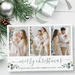 Kalligrafie Watercolor Eucalyptus Grüne Weihnachte Feiertagskarte<br><div class="desc">Modernes Kalligrafie Script Frohe Weihnachten 3 Foto Holiday Card beinhaltet Watercolor Eukalyptus Blätter. Grüner Text.</div>