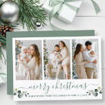 Kalligrafie Watercolor Eucalyptus Weihnachten<br><div class="desc">Modernes Kalligrafie Script Frohe Weihnachten 3 Foto Holiday Card beinhaltet Watercolor Eukalyptus Blätter. Grüner Text. Legen Sie die Farbe grün zurück.</div>