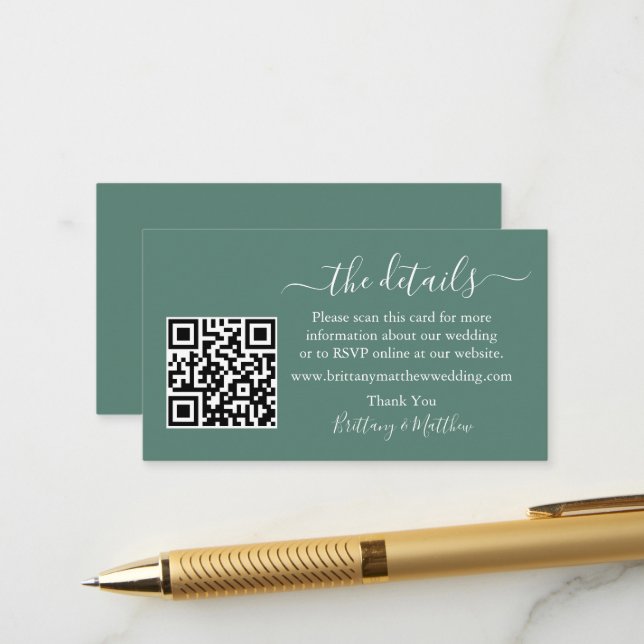Kalligrafie Wedding Details QR Eukalyptus Green Begleitkarte (Vorderseite/Rückseite Beispiel)