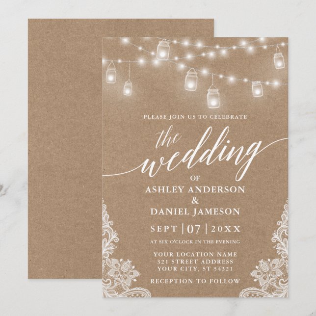 Kalligrafie Wedding Lights Lace Kraft Einladung (Vorne/Hinten)