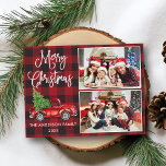Kalligrafie Weihnachten Vintager LKW 2 Foto Karier Postkarte<br><div class="desc">Moderne Fun Calligrafie Drehbuch Frohe Weihnachten 2 Foto Weihnachtskarte - Wasserfarbe Vintager roter LKW mit Christbaum auf Red Buffalo Kariert</div>