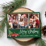 Kalligrafie Weihnachten Vintager LKW 3 Foto Grün Postkarte<br><div class="desc">Moderne Fun Calligraphie Drehbuch Frohe Weihnachten 3 Foto Weihnachtskarte - Aquarell Vintager Truck mit Christbaum - Forest Green Hintergrund</div>