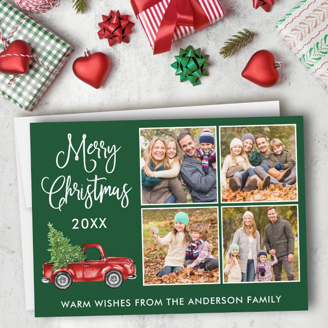 Kalligrafie Weihnachten Vintager LKW 4 Foto Grün (Customize to add text to back of card.)