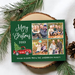 Kalligrafie Weihnachten Vintager LKW 4 Foto Grün Postkarte<br><div class="desc">Moderne Fun Calligraphie Drehbuch Frohe Weihnachten 4 Foto Weihnachtskarte - Wasserfarbe Vintager roter LKW mit Christbaum - Waldgrüner Hintergrund</div>