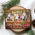Kalligrafie Weihnachten Vintager LKW Holz 3 Fotos Postkarte<br><div class="desc">Moderne Fun Calligrafie Drehbuch Frohe Weihnachten 3 Foto Weihnachtspostkarte - Wasserfarbe Vintager roter LKW mit Christbaum auf Rustikalem Land Holz</div>