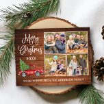 Kalligrafie Weihnachten Vintager LKW Holz 4 Foto Postkarte<br><div class="desc">Moderne Fun Calligrafie Drehbuch Frohe Weihnachten 4 Foto Weihnachtskarte - Wasserfarbe Vintager roter LKW mit Weihnachtsbaum auf Rustikalem Land Holz</div>