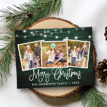 Kalligrafie Weihnachtsgrün Leuchten 3 Foto Postkarte<br><div class="desc">Modern Fun Calligraphy Script Frohe Weihnachten 3 Foto Ferien Postcard - Rustikales Land Grünes Holz mit String Lights</div>