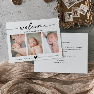 Kalligrafie Willkommensfoto Baby Ankündigungskarte Dankeskarte