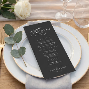 Kalligrafische elegante schwarze Hochzeitsmenü Menükarte