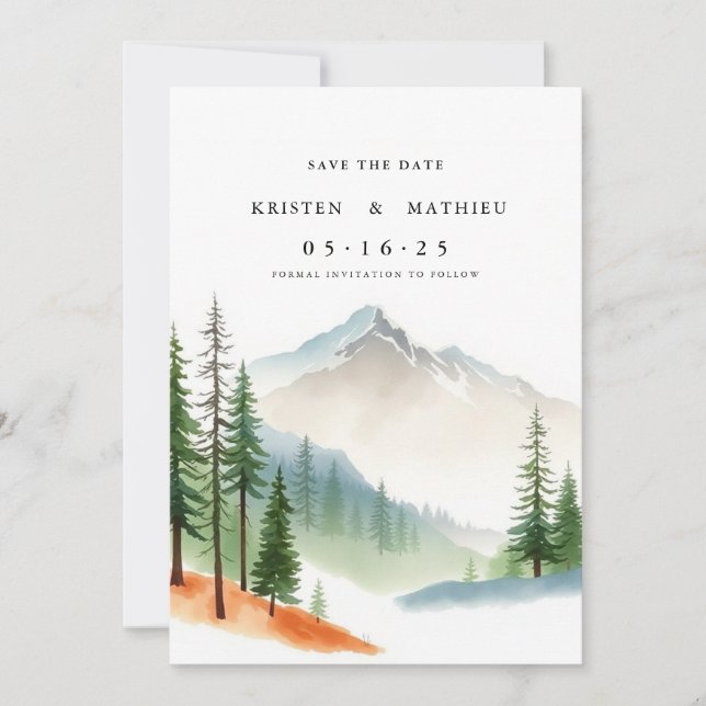 Kalligrafischer Custom Mountain Save The Date (Vorderseite)