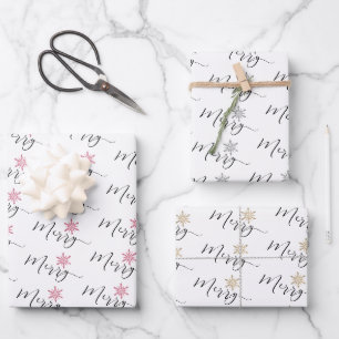 Kalligrafischer Glitzer Schneeflocken Weihnachten Geschenkpapier Set