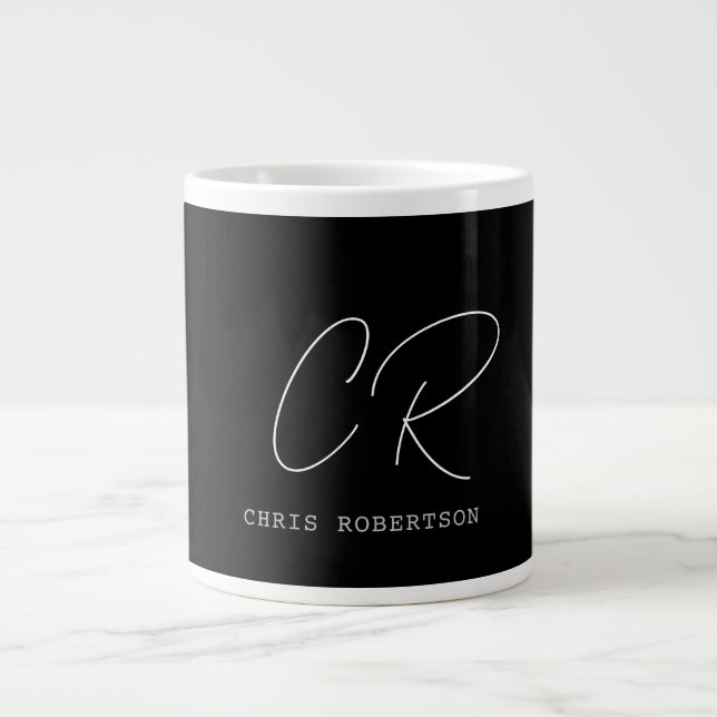 Kalligrafischer Monogrammname Schwarz-weißes benut Jumbo-Tasse (Vorderseite)