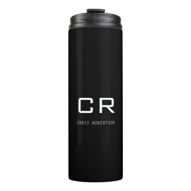 Kalligrafischer Monogrammname Schwarz-weißes benut Thermosbecher (Vorderseite)