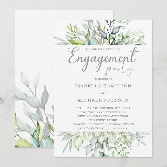 Kalligrafisches botanisches Engagement Einladung (Vorne/Hinten)