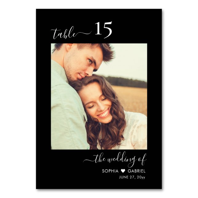 Kalligrafisches Foto Monogram Black Wedding Tischnummer (Vorderseite)