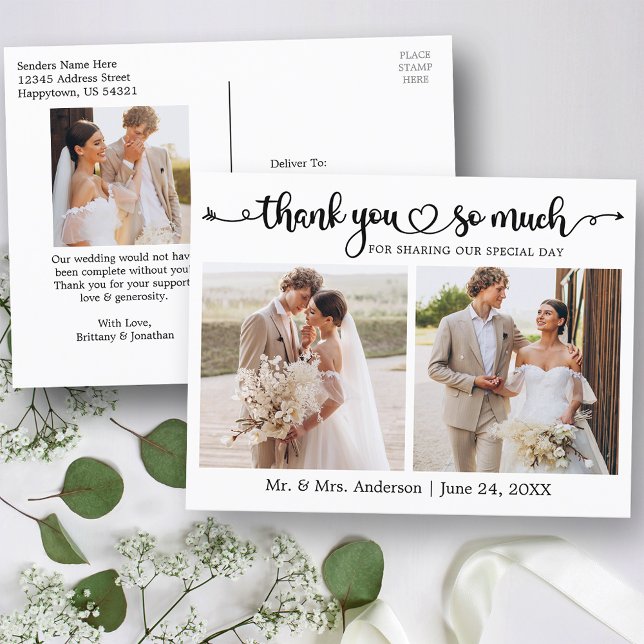 Kalligrafisches Herz 3 Fotos Hochzeit Danke Postkarte (Customize to change your personalized text size or text style.)