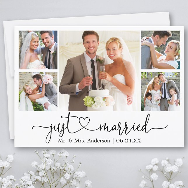 Kalligrafisches Herz nur verheiratet 5 Foto Hochze Ankündigung (Customize to add text or more photos to back of card.)