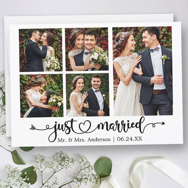 Kalligrafisches Herz nur verheiratet 5 Fotos Hochz Ankündigung (Customize to change your personalized text size, text style or to add text to back of card.)