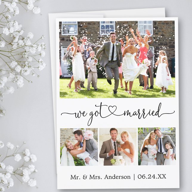 Kalligrafisches Herz Wir Got Verheiratet 4 Foto Ho Ankündigung (Customize to add text or more photos to back of card.)