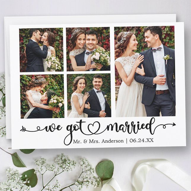 Kalligrafisches Herz Wir Got Verheiratet 5 Fotos H Ankündigung (Customize to change your personalized text size, text style or to add text to back of card.)