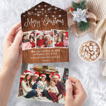 Kalligrafisches Holz 4 Foto alles in einer Weihnac All In One Einladung<br><div class="desc">Moderne Fun Calligraphie Script 4 Foto Frohe Weihnachten Alles in einer Karte - Rustikales Land Holz und String Lights</div>