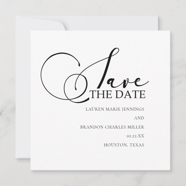 Kalligrafisches Schwarz-weißes Hochzeitsszenario-F Save The Date (Vorderseite)